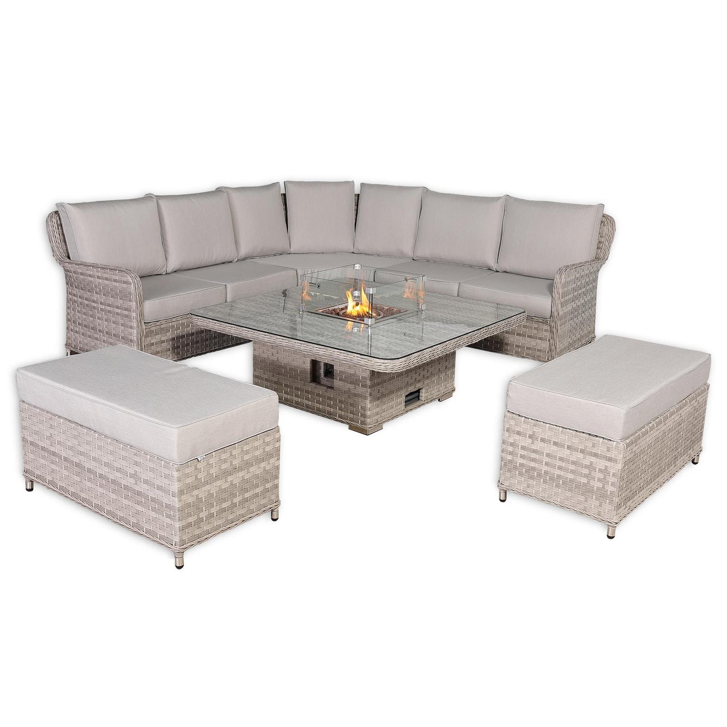 Rattan Garden Corner Sofa Set with Rising Fire Pit Table & Bench