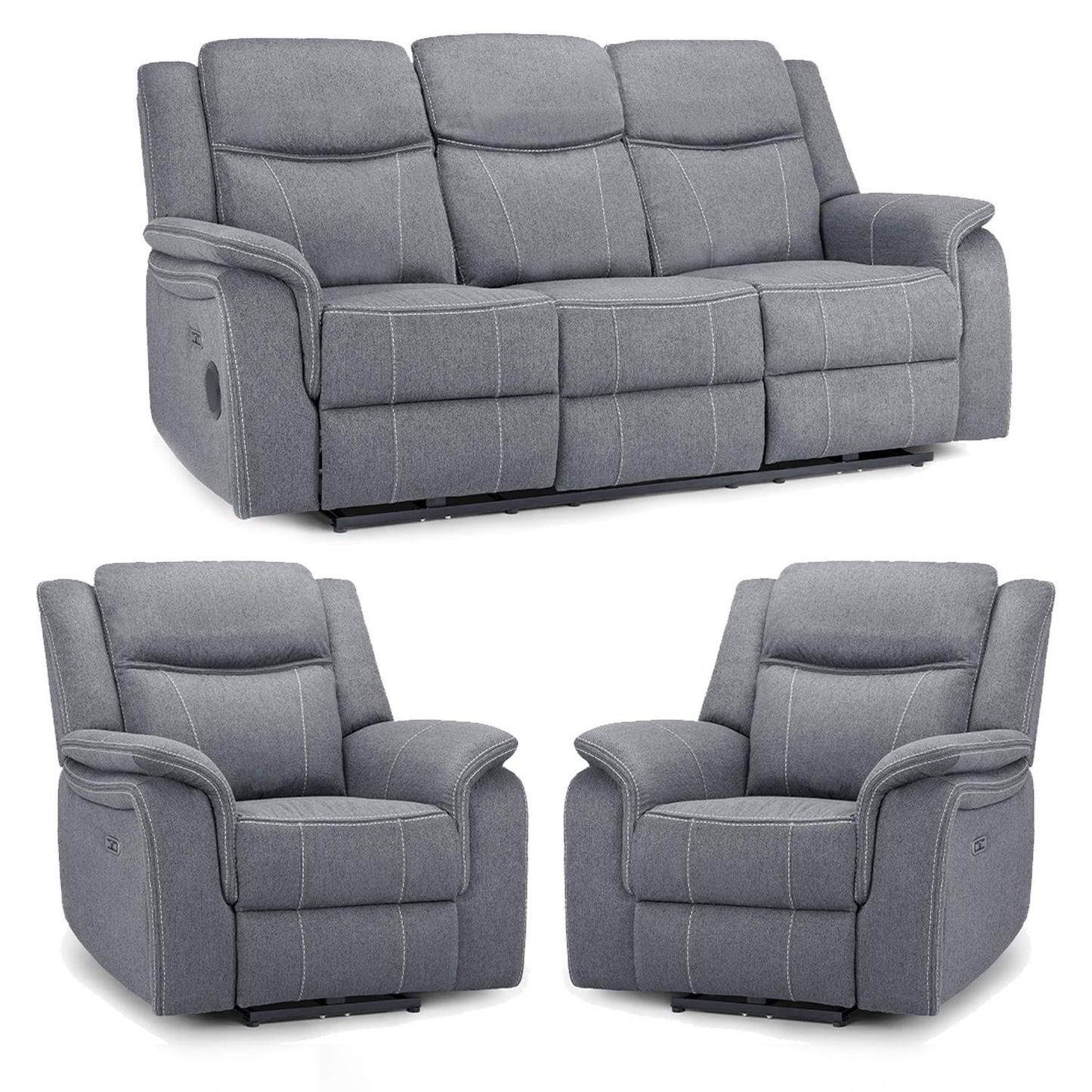 Orlando Grey Fabric 3 Piece Sofa Suite Electric Reclining USB 3 + 1 + 1