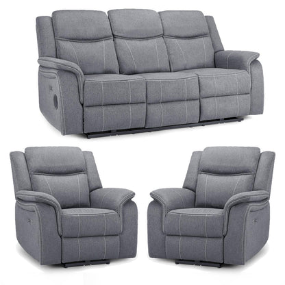 Orlando Grey Fabric 3 Piece Sofa Suite Electric Reclining USB 3 + 1 + 1