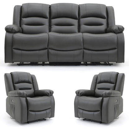 Arlo Leather Like Black or Grey 3 Piece Electric Reclining Sofa Suite 3 + 1 + 1 USB Drink Tray Arlo Black or Grey Leather Like Electric Reclining Armchair | Furnishings For Less UK
