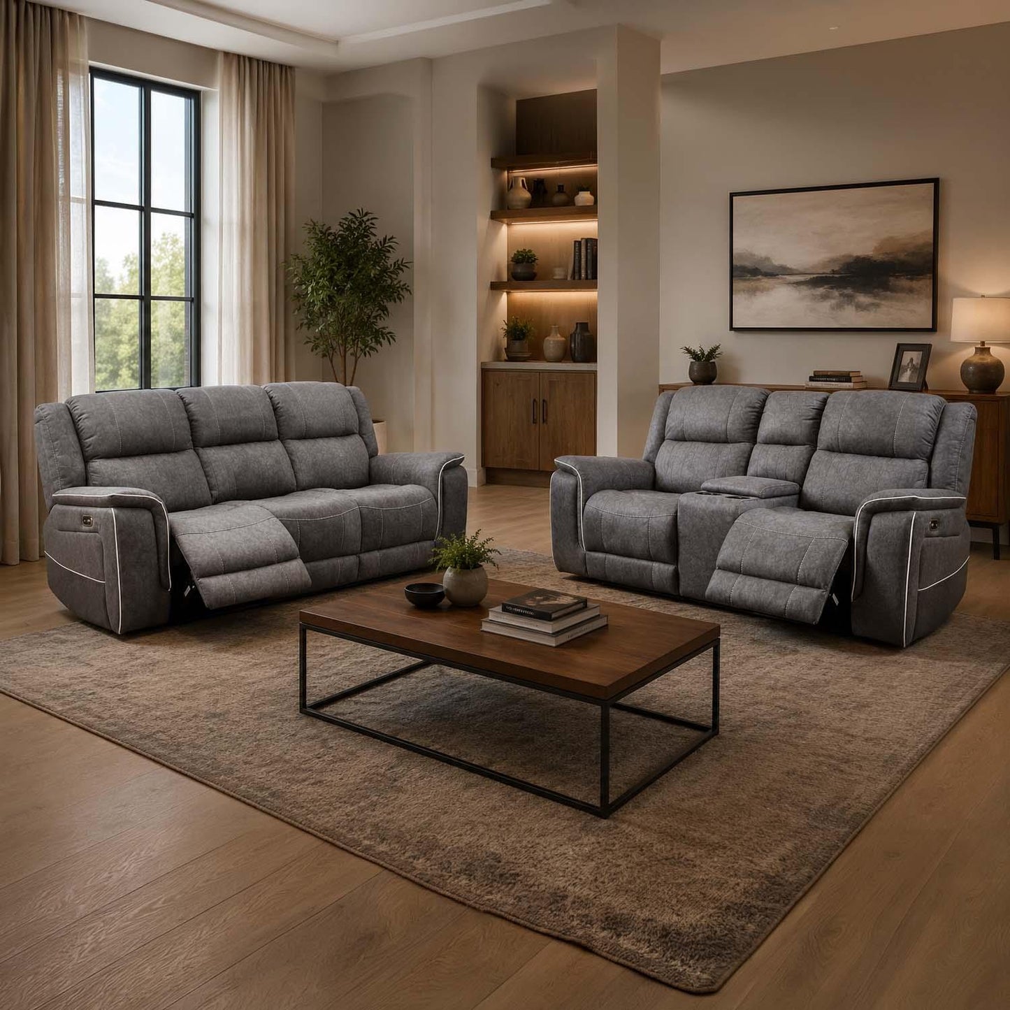 Anna Grey Fabric Electric Reclining Sofa Suite USB Charging Cup Holder