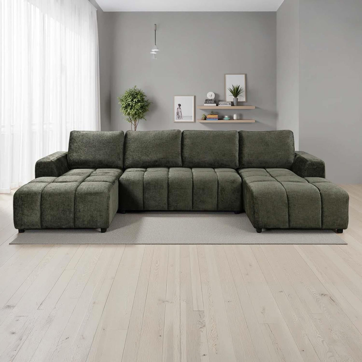 Stanford U Shaped Plush Velvet Sofa Bed Storage Beige Green or Grey
