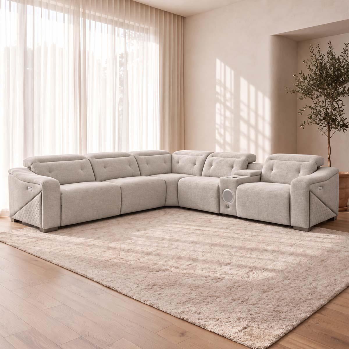 Oxley 5 Seater Electric Recliner Corner Sofa Bluetooth Beige or Grey
