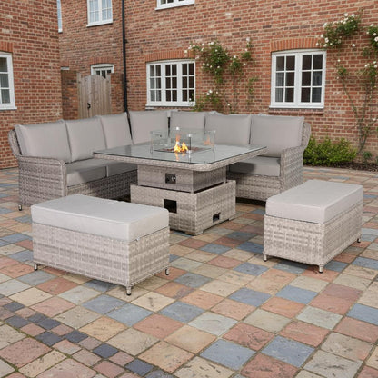 Rattan Garden Corner Sofa Set with Rising Fire Pit Table & Bench