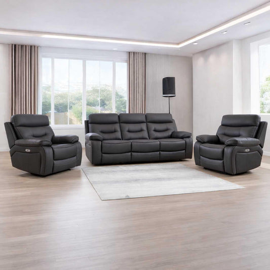 Renzo Grey Electric Recliner Sofa Suite 3 Seater + 2 Armchairs USB