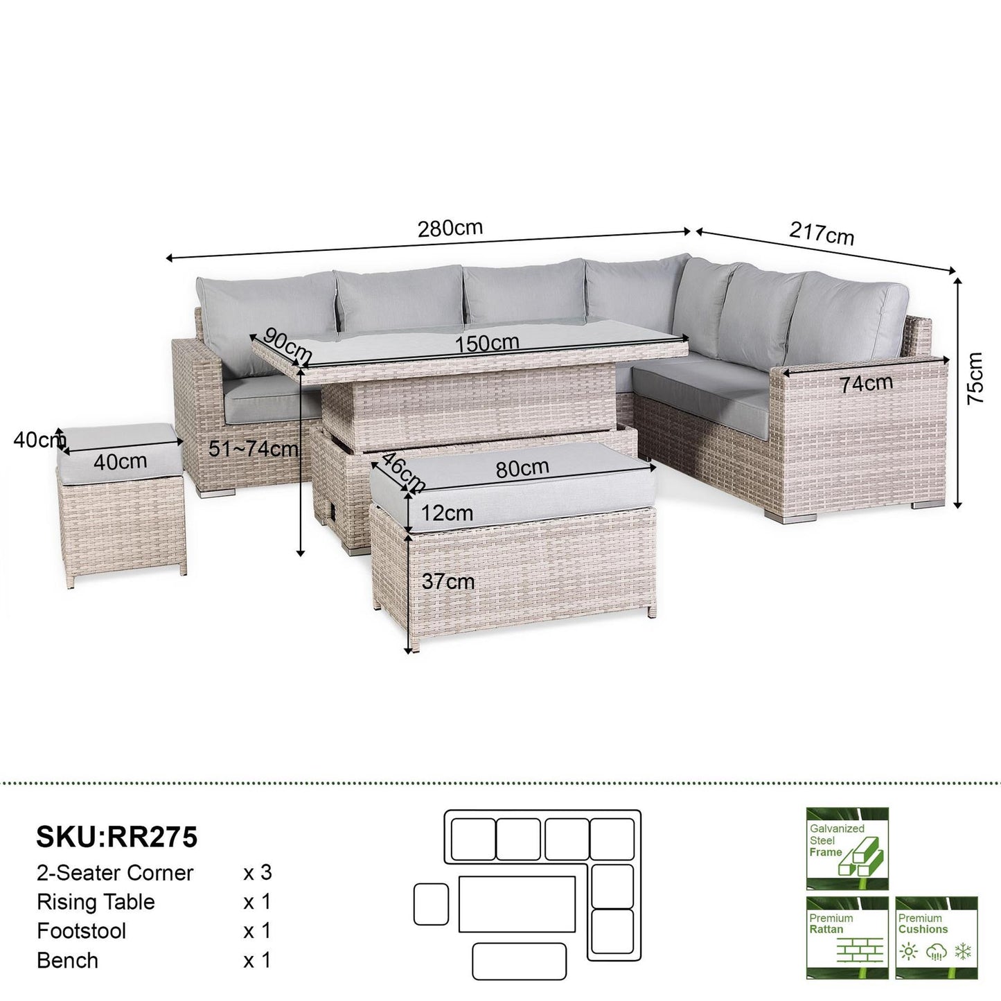 Outdoor Corner Sofa Set with Adjustable Rising Dining Table