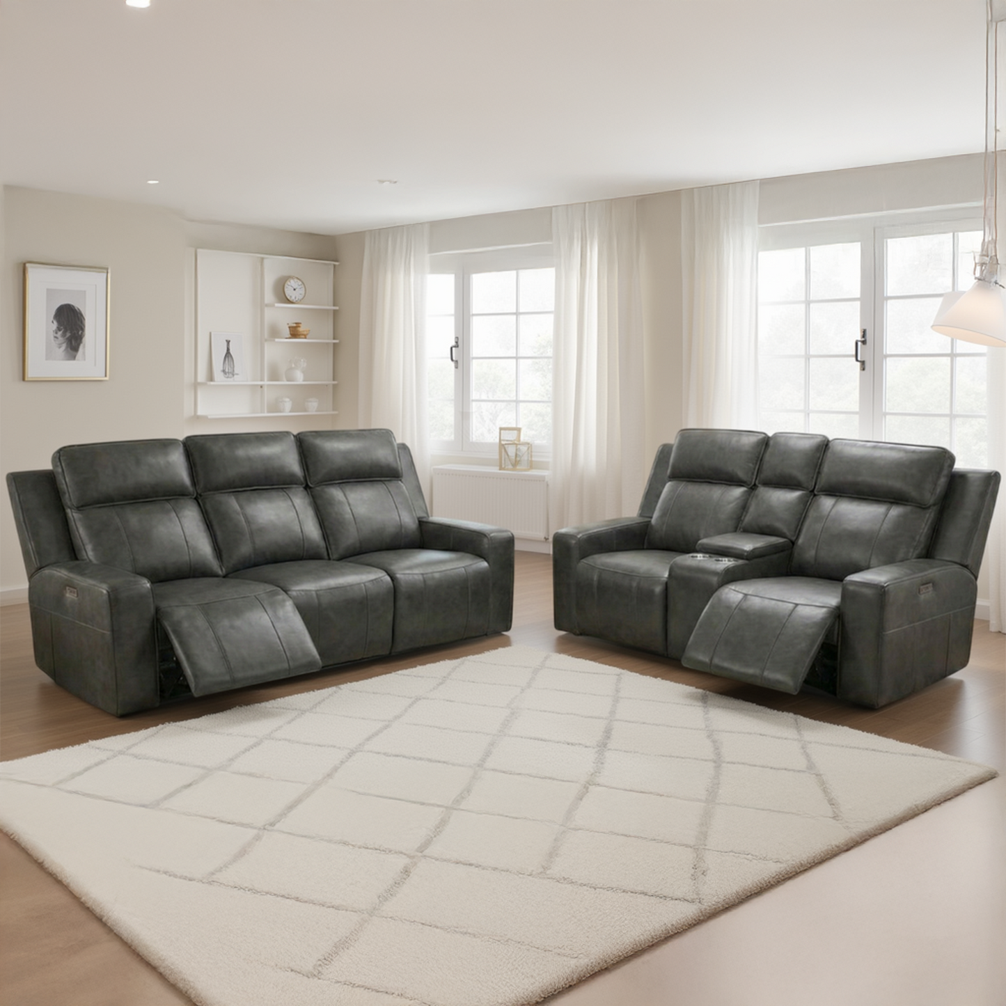 Barcino Leather Look Electric Reclining Sofa Suite 3 + 2 USB Charging