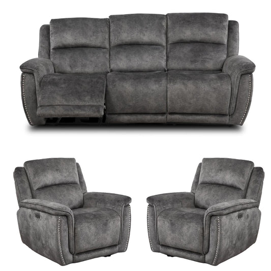 Mendoza Grey Plush Velvet Electric Reclining 3 Piece Sofa Suite 3 1 1