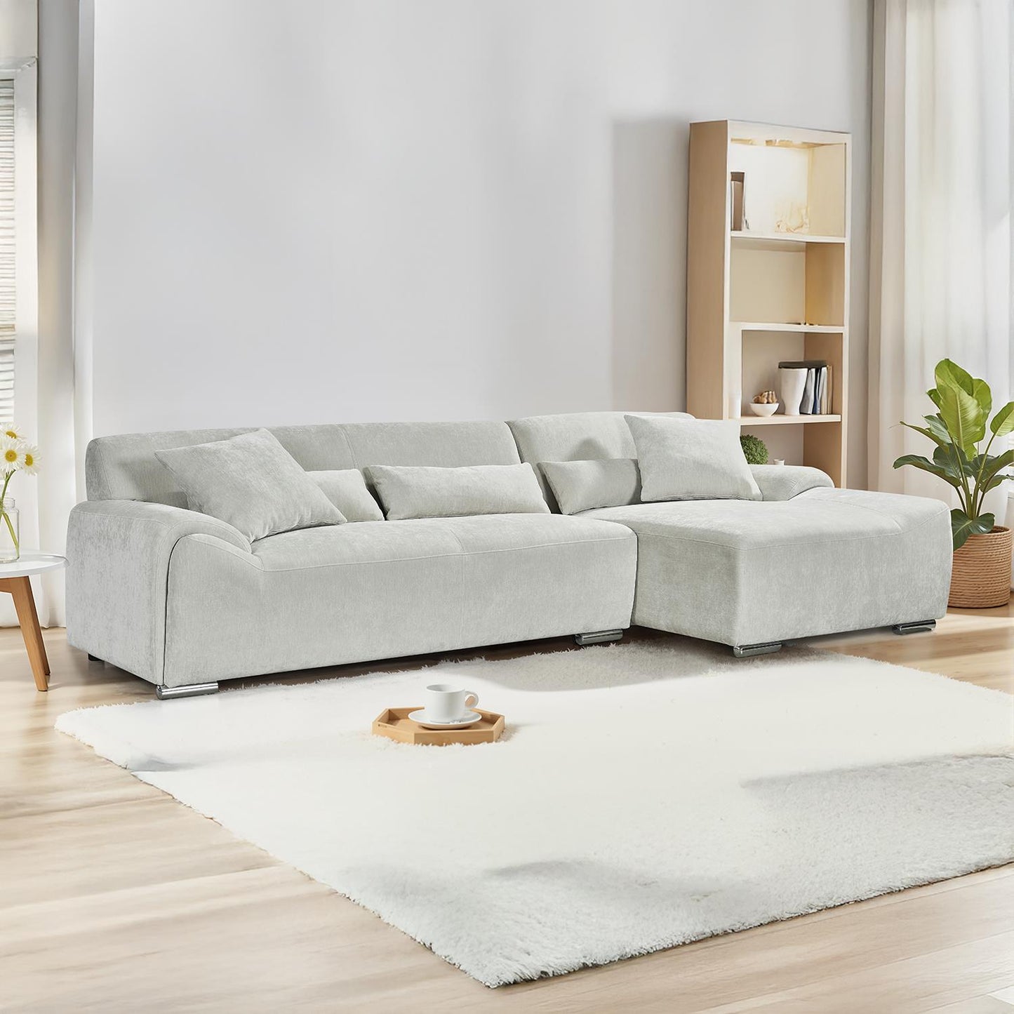 Monza L Shaped Chenille Fabric Beige Grey 4 Seater Corner Sofa RH