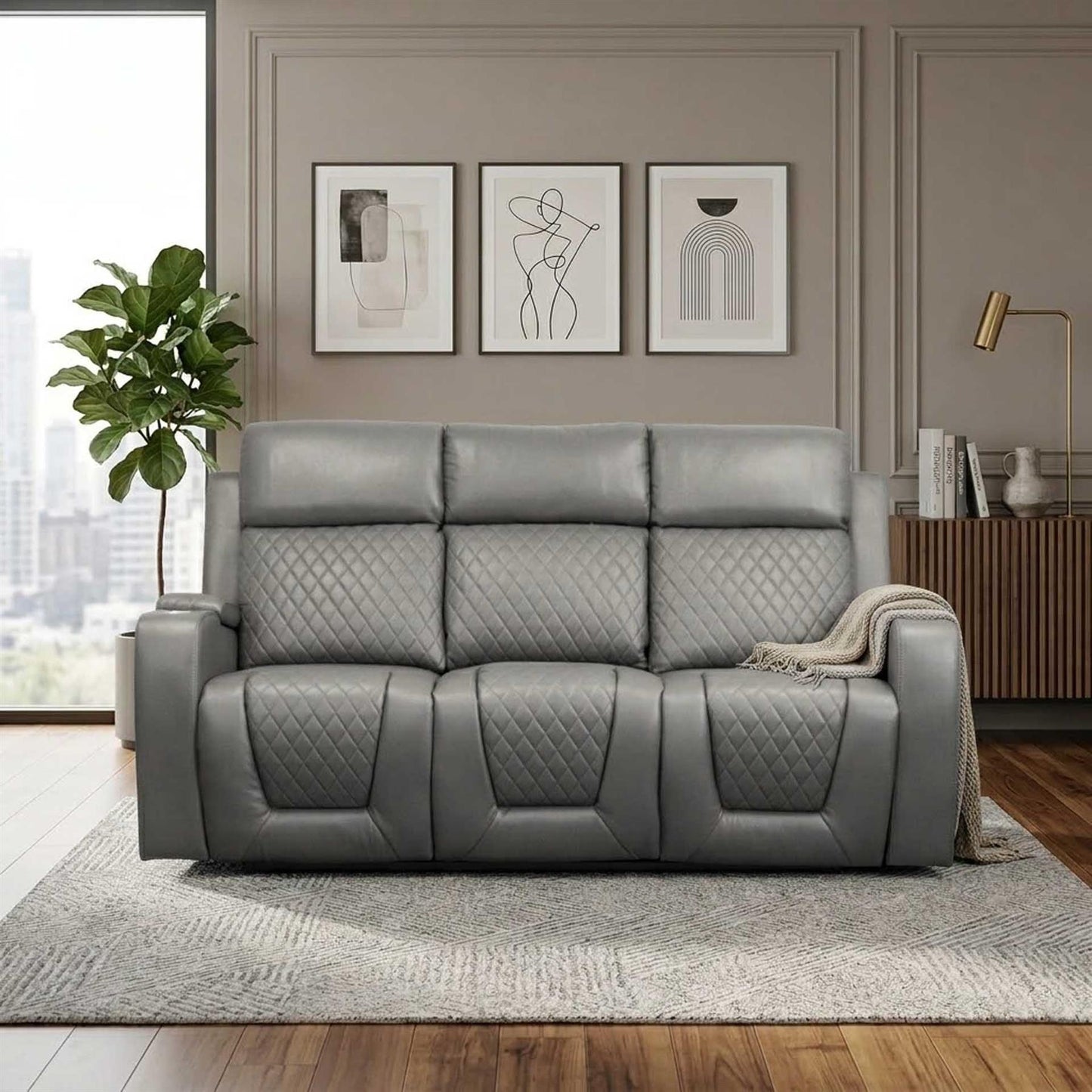 Felix Black or Grey Leather Electric Reclining Sofa Suite USB Cup Holder
