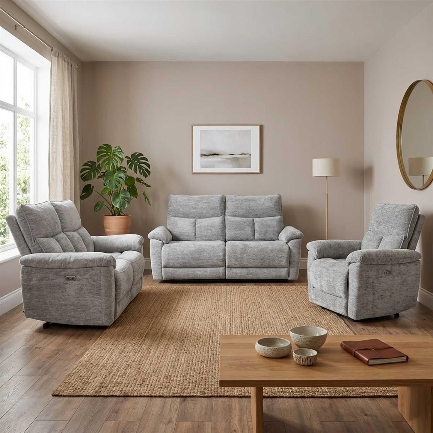 Kent Electric Reclining 3 Piece Sofa Suite 3 + 2 + 1 Grey