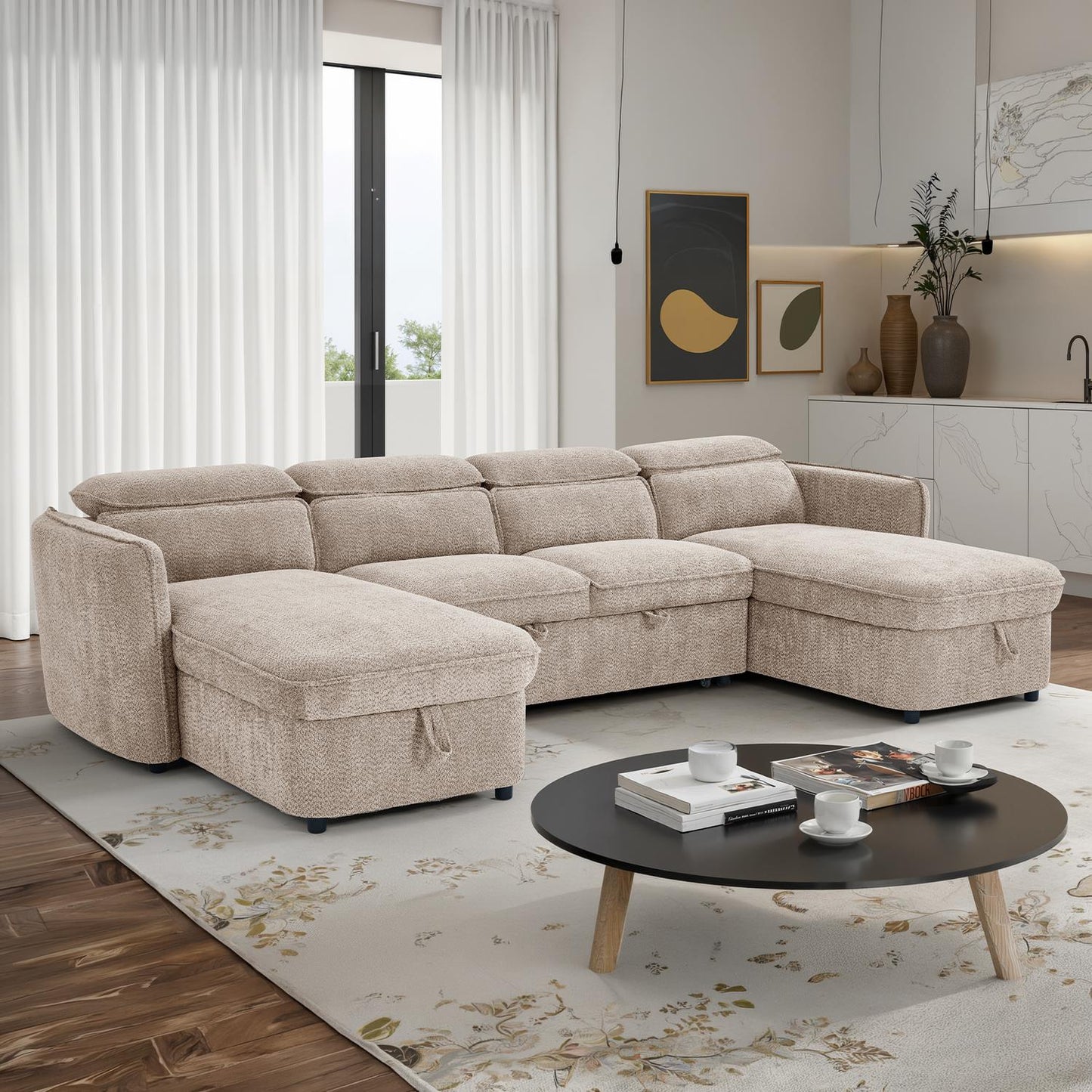 Ria Large 4 5 Seater Fabric U Shaped Sofa Bed Tilting Headrest Storage