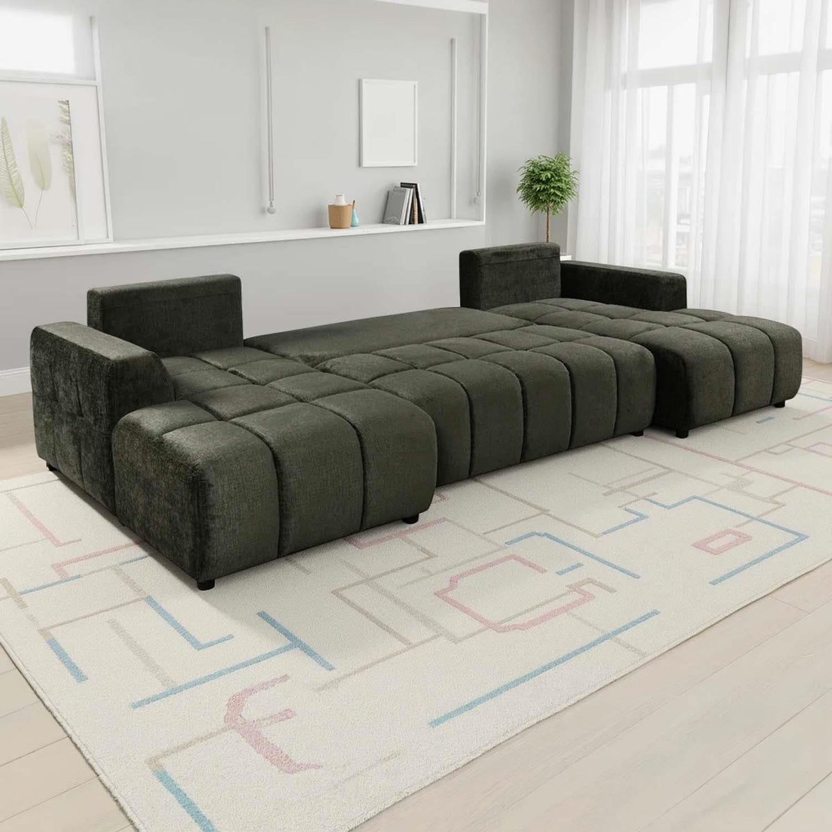 Stanford U Shaped Plush Velvet Sofa Bed Storage Beige Green or Grey
