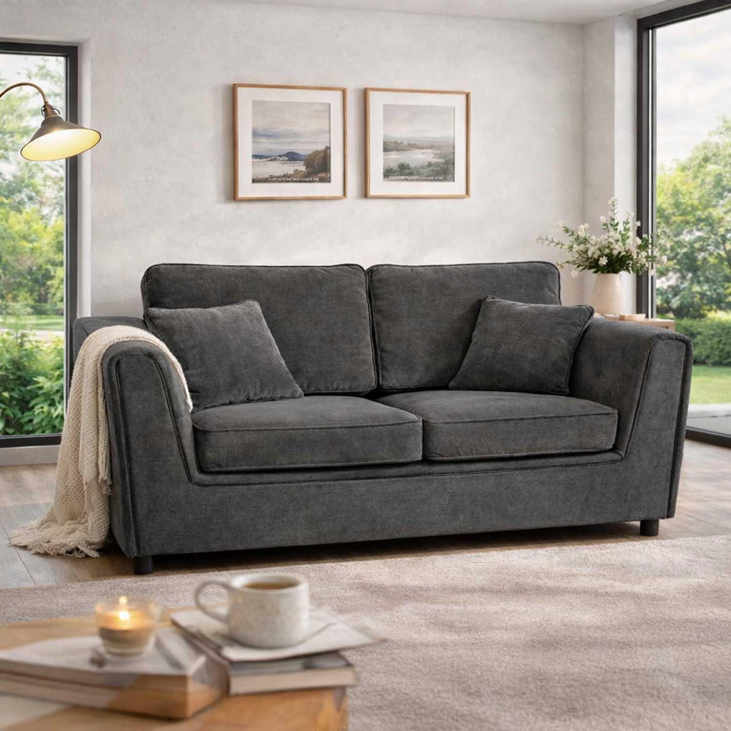 Ascot Large 3 Seater Sofa Chenille Fabric Beige or Charcoal