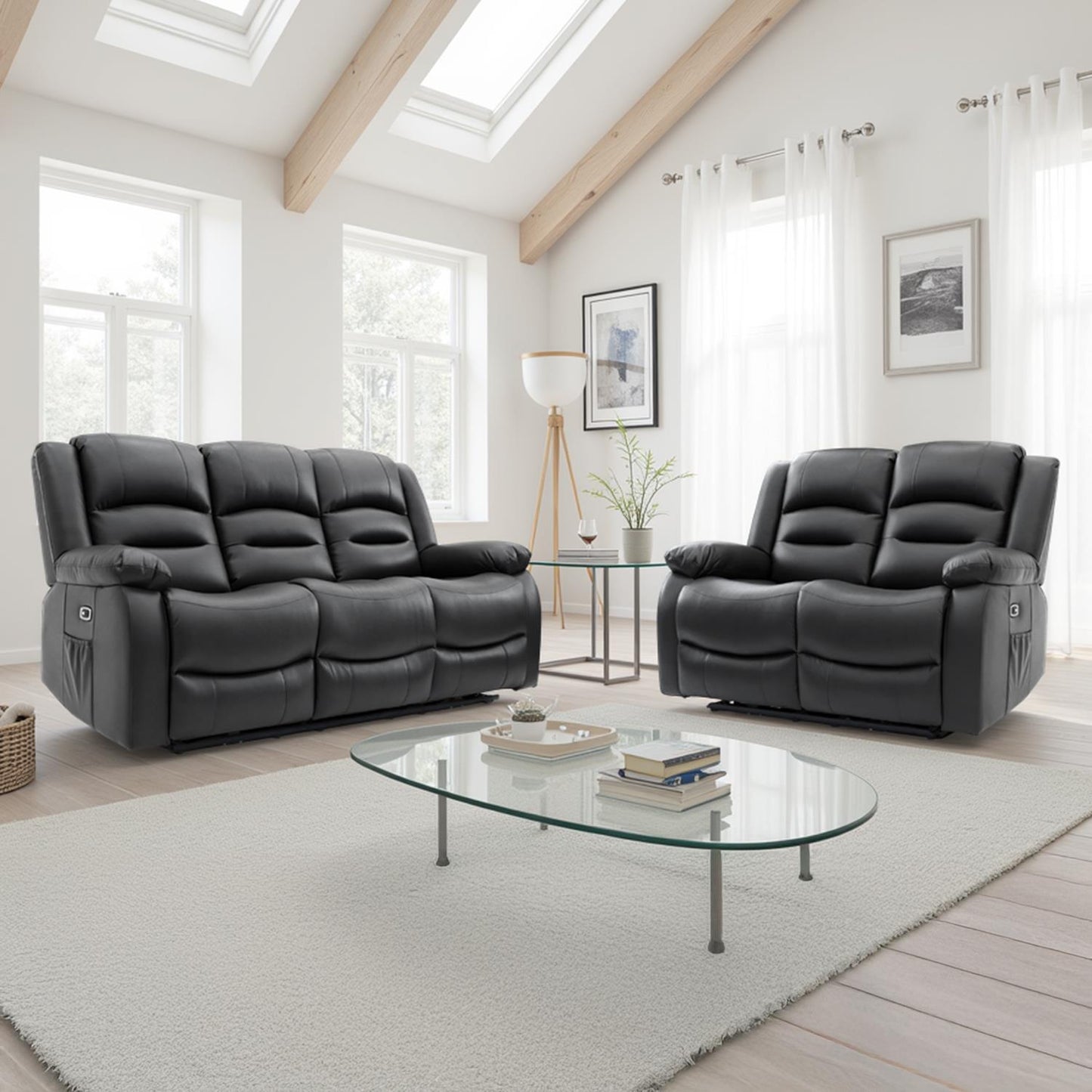 Arlo Leather Like Black or Grey 3 + 2 Electric Reclining Sofa Suite USB Charging + Drinks Tray
