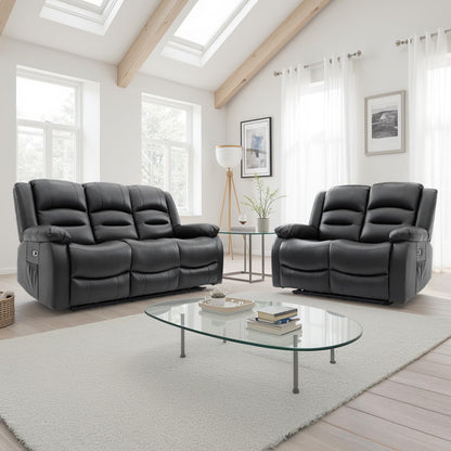 Arlo Leather Like Black or Grey 3 + 2 Electric Reclining Sofa Suite USB Charging + Drinks Tray