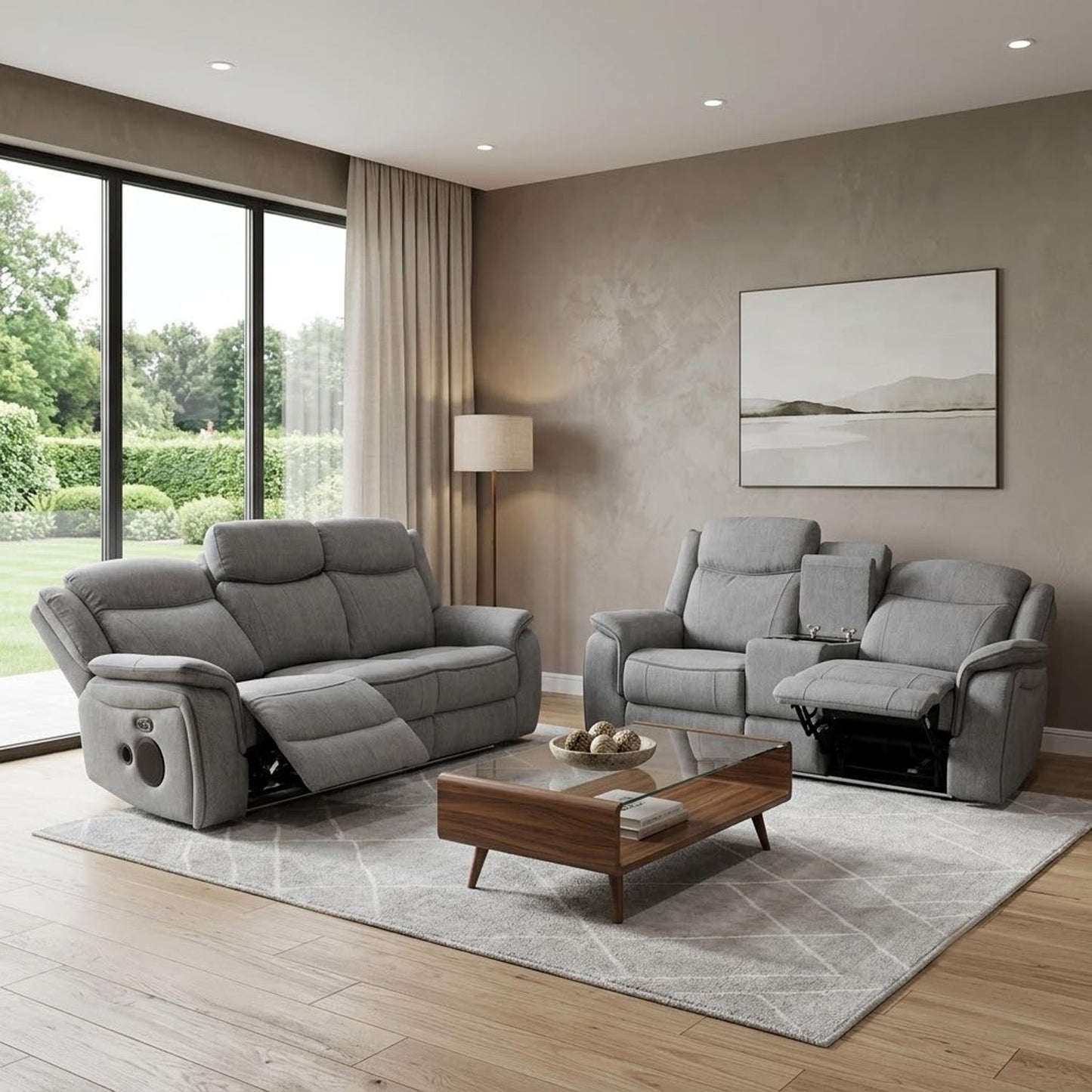 Milano Grey Fabric Electric Reclining Sofa Suite USB Cup Holder