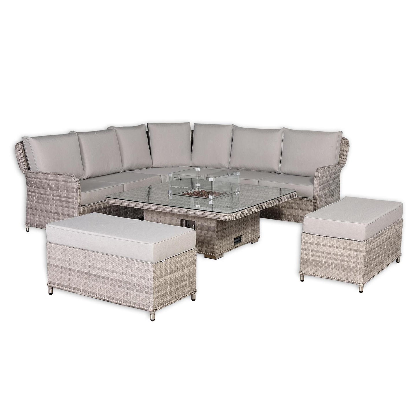 Rattan Garden Corner Sofa Set with Rising Fire Pit Table & Bench
