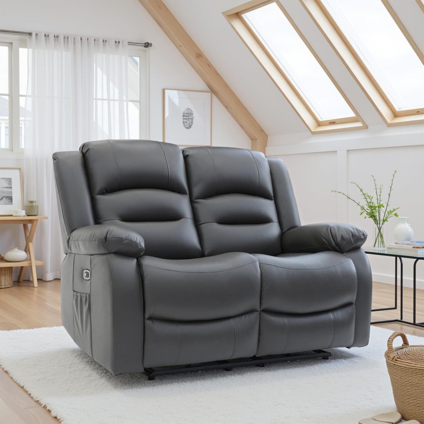 Arlo Leather Like Black or Grey 3 + 2 Electric Reclining Sofa Suite USB Charging + Drinks Tray