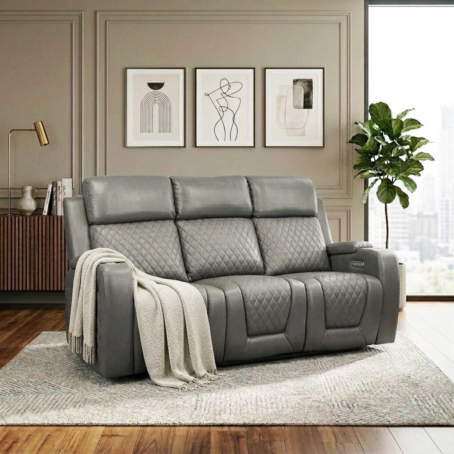 Felix Black or Grey Leather Electric Reclining Sofa Suite USB Cup Holder