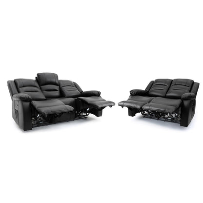 Arlo Leather Like Black or Grey 3 + 2 Electric Reclining Sofa Suite USB Charging + Drinks Tray