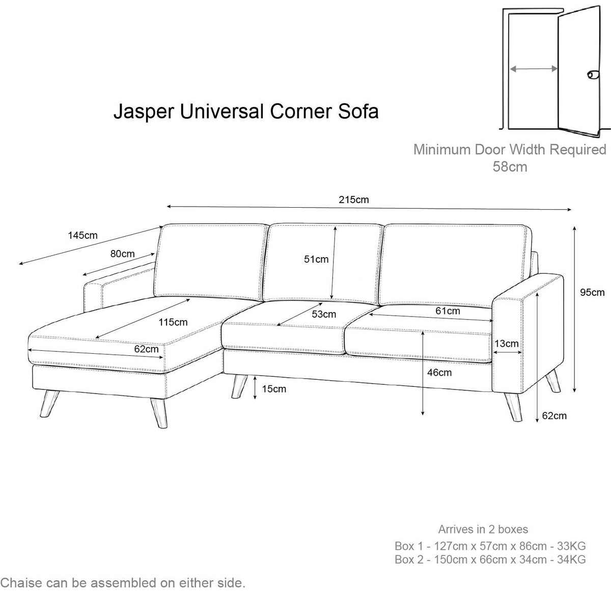 Jasper Universal Corner Sofa Reversible Chaise Dark Grey Grey Beige