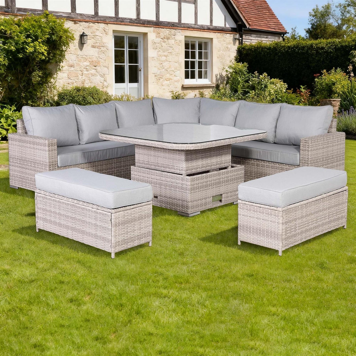 Round Corner Rattan Patio Sofa Set with Adjustable Table