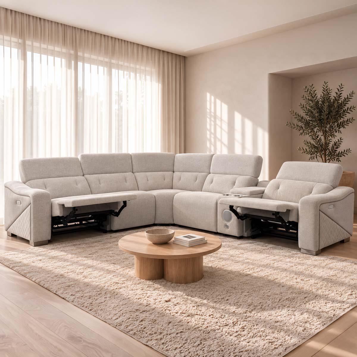 Oxley 5 Seater Electric Recliner Corner Sofa Bluetooth Beige or Grey