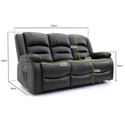 Arlo Black or Grey Leather Like Electric Reclining Sofa Suite 3 + 2 USB + Drinks Tray