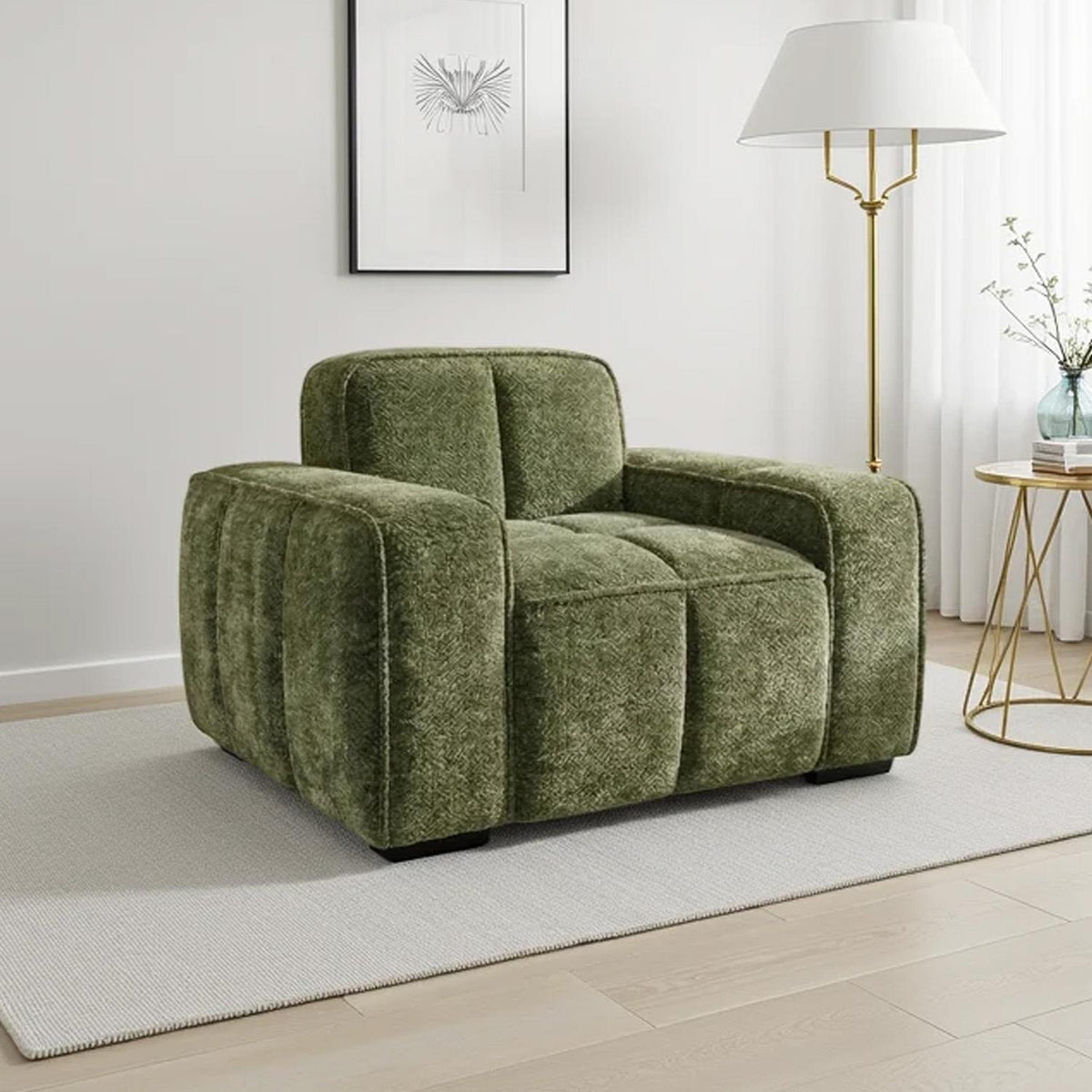 Preston Woven Fabric Armchair Chesterfield Style Beige Grey or Olive