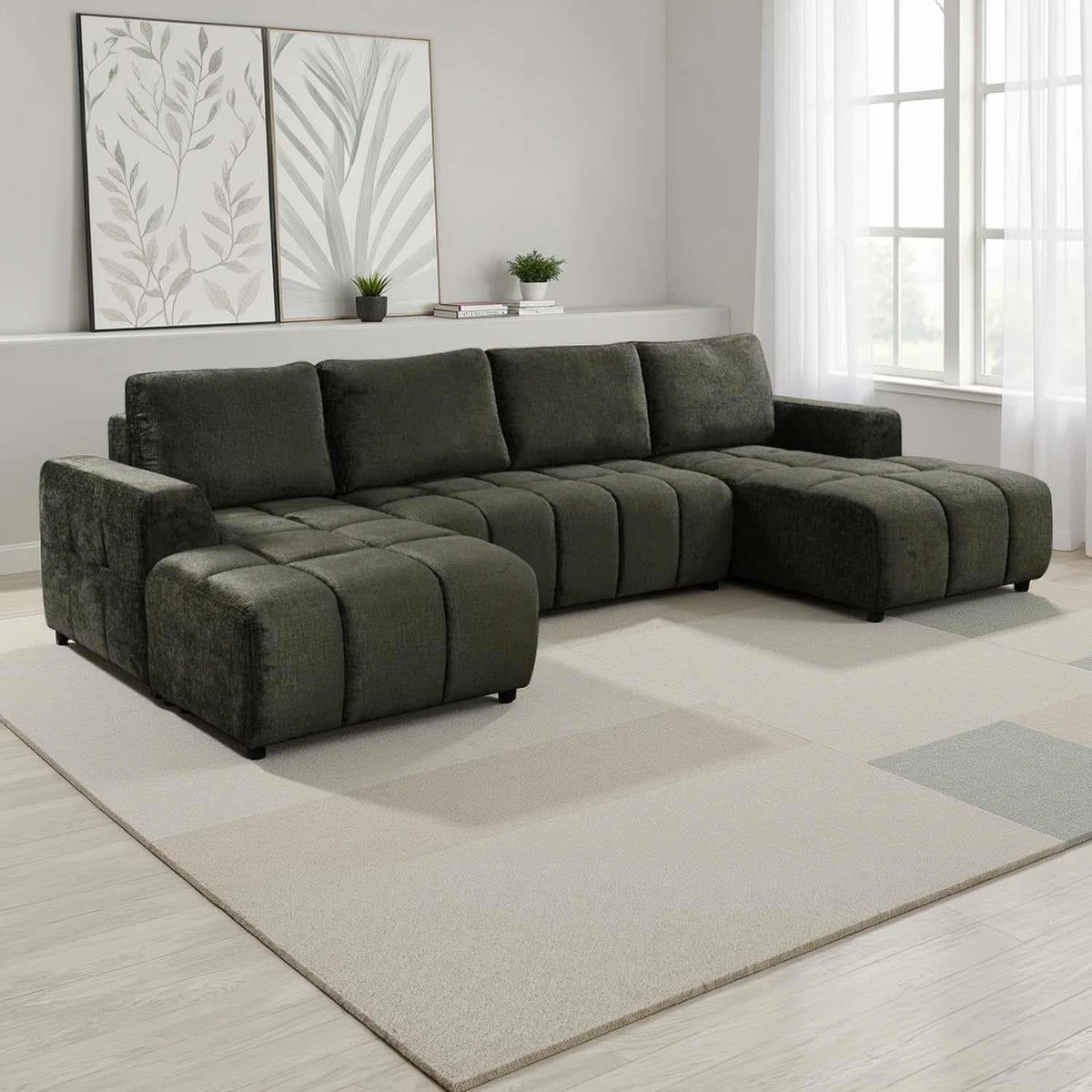 Stanford U Shaped Plush Velvet Sofa Bed Storage Beige Green or Grey