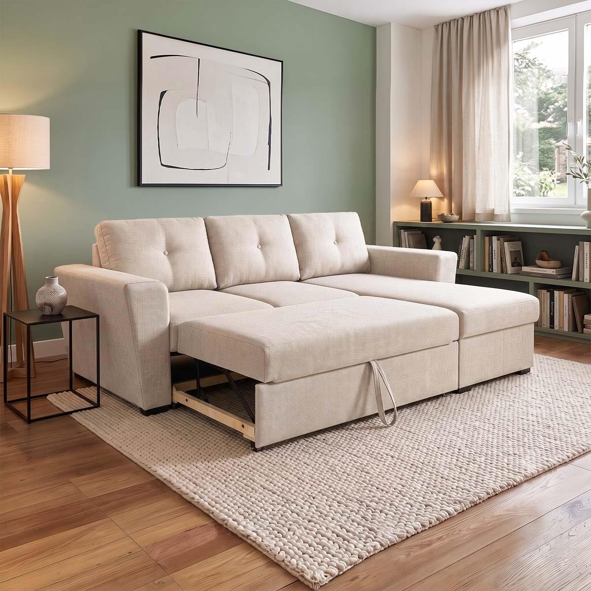Oregon Universal 3 Seater L shaped Spill Resistant Fabric Corner Sofa Bed