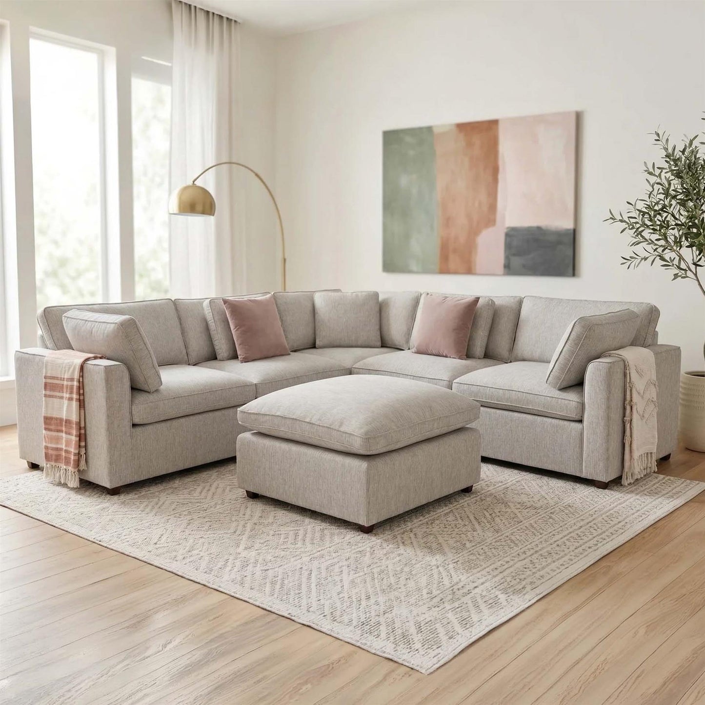 Seaton Grey 5 Seater Linen Weave Corner Sofa with Footstool