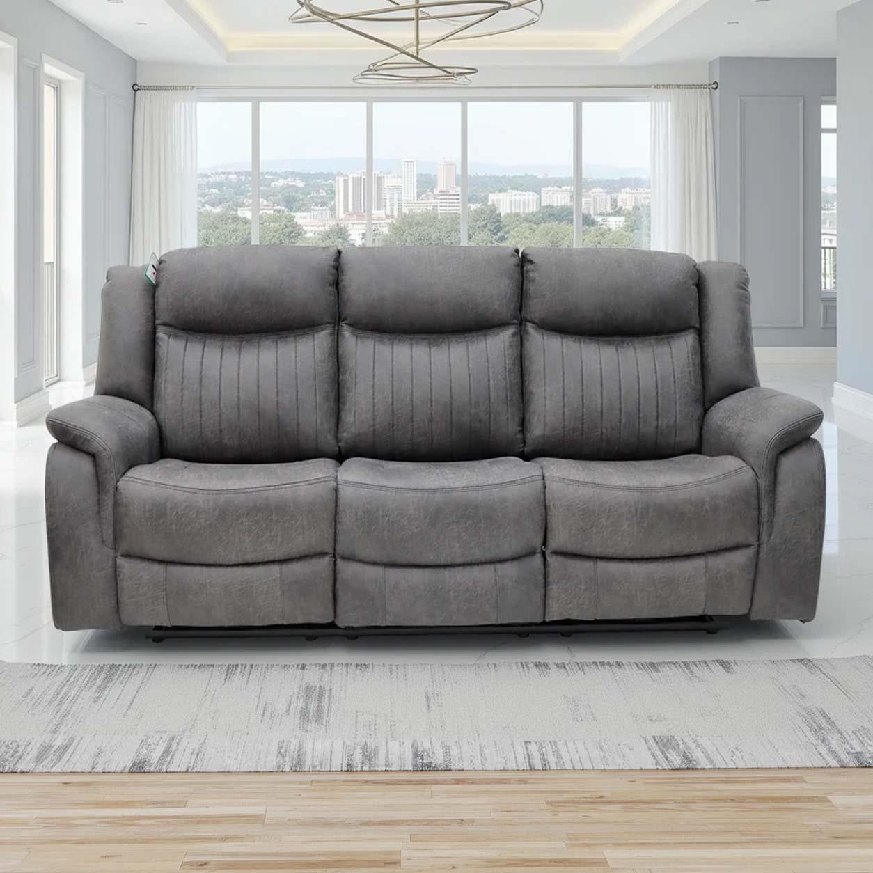 Lennox Grey Tech Fabric 3 Seater Electric Recliner Sofa with USB