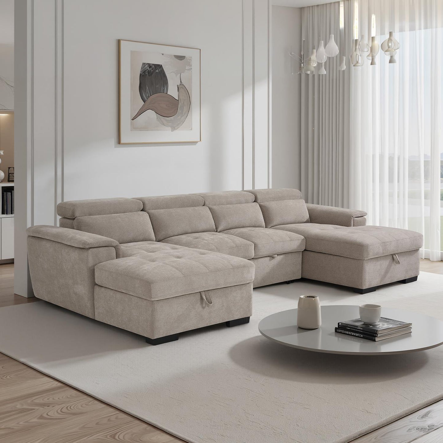 Large 4 5 Seater Fabric U Shaped Sofa Bed Tilting Headrest Storage