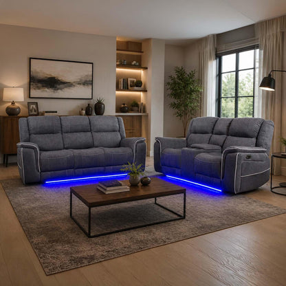 Anna Grey Fabric Electric Reclining Sofa Suite USB Charging Cup Holder