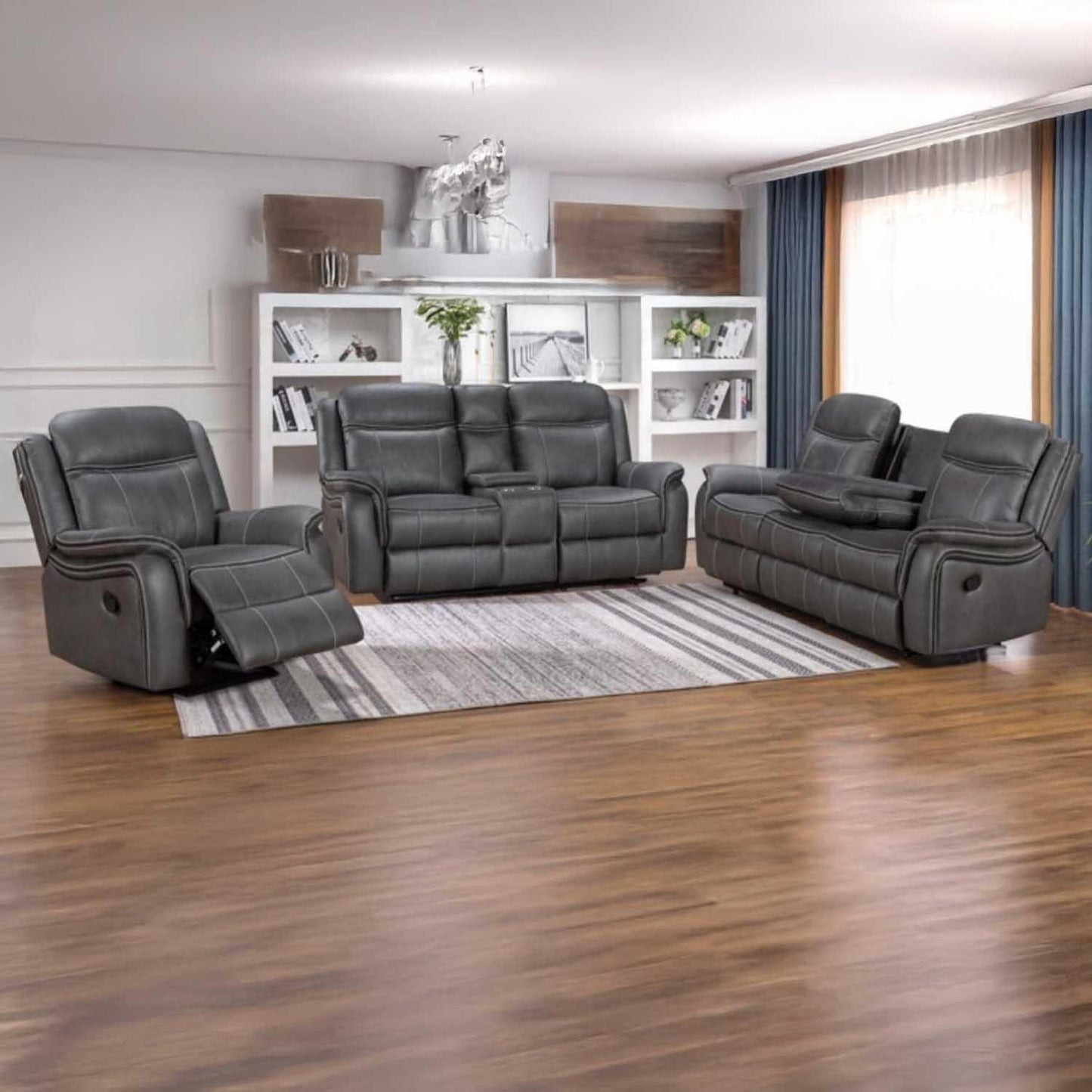 Tara Reclining 3 Piece Sofa Suite Grey Leather Look Fabric 3 + 2 + 1