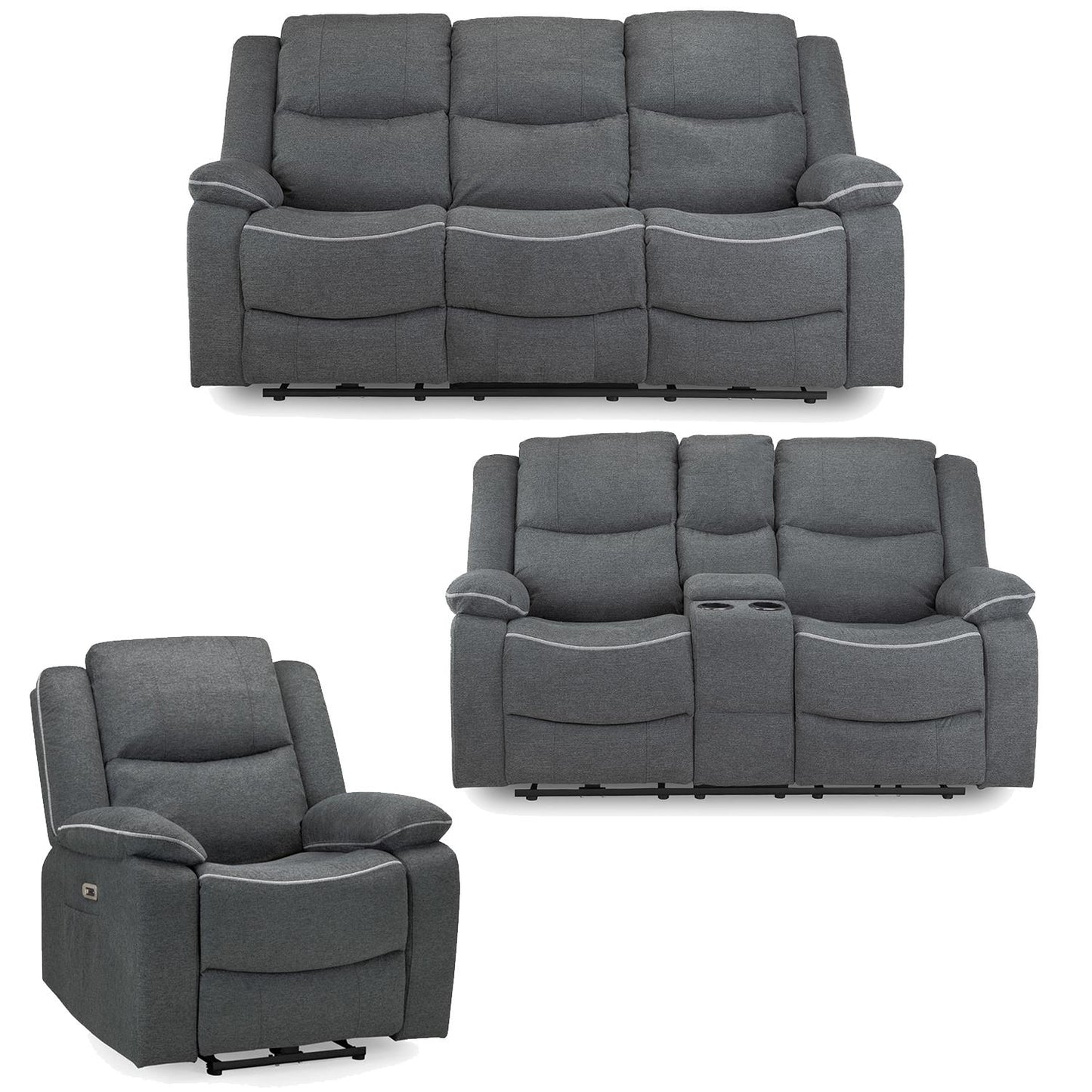 Harlow Graphite Grey Fabric 3 Piece Electric Reclining Suite 3 + 2 + 1