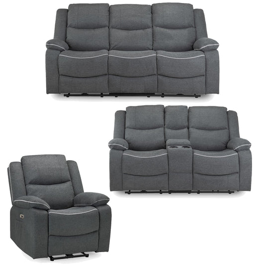 Harlow Graphite Grey Fabric 3 Piece Electric Reclining Suite 3 + 2 + 1
