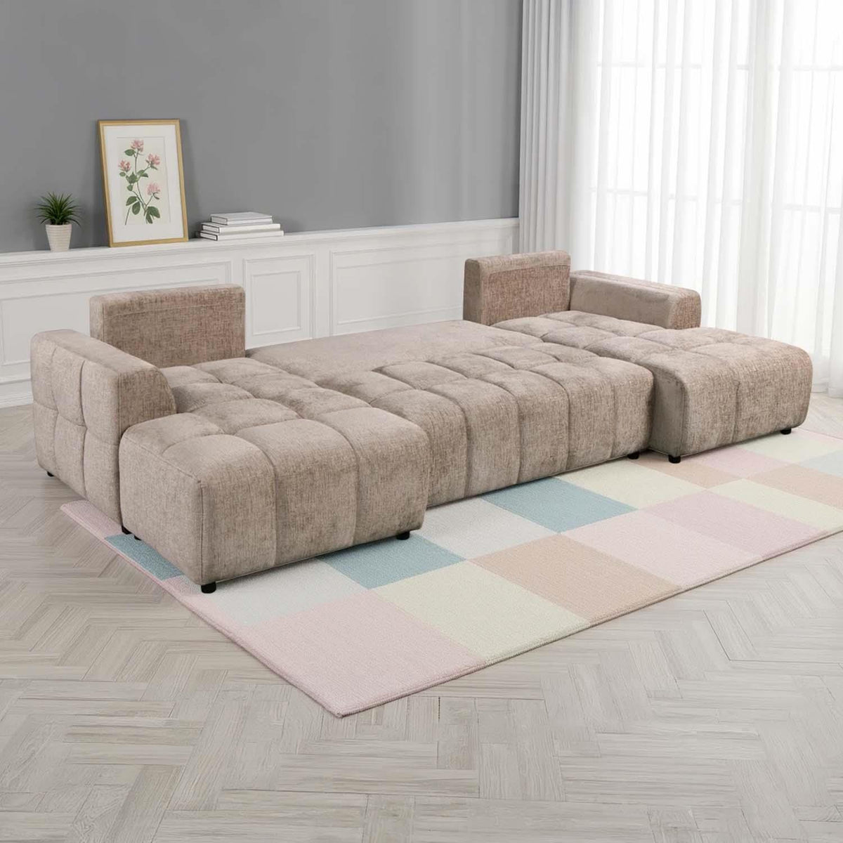 Stanford U Shaped Plush Velvet Sofa Bed Storage Beige Green or Grey