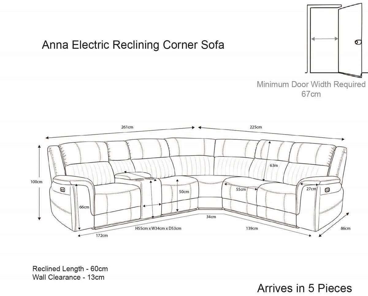 Anna Grey Fabric 5 Seater Electric Recliner Corner Sofa USB
