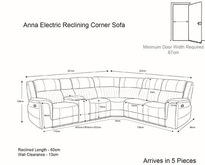 Anna Grey Fabric 5 Seater Electric Recliner Corner Sofa USB