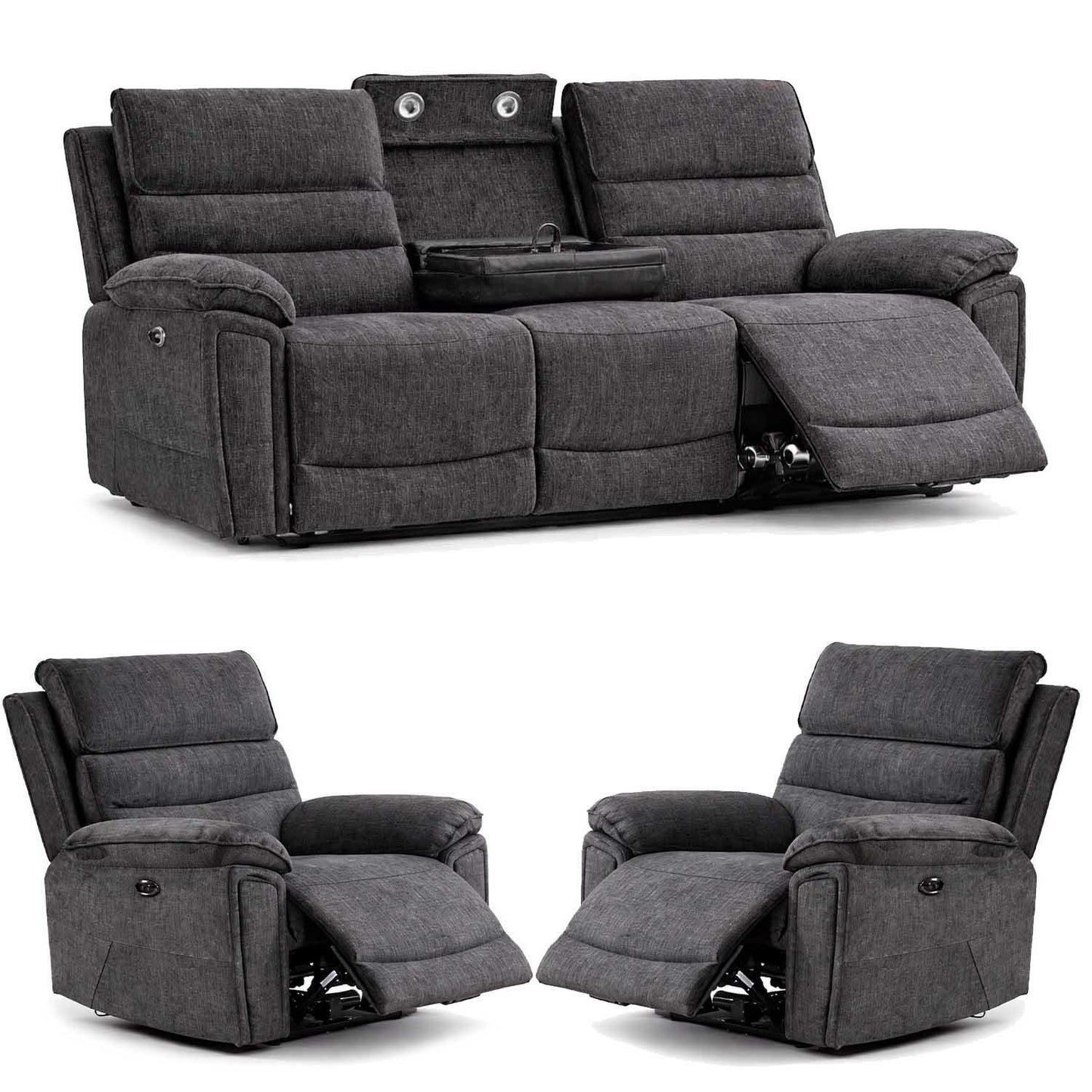 Sicily 3 Piece Electric Power Grey Fabric Recliners 3 + 1 + 1