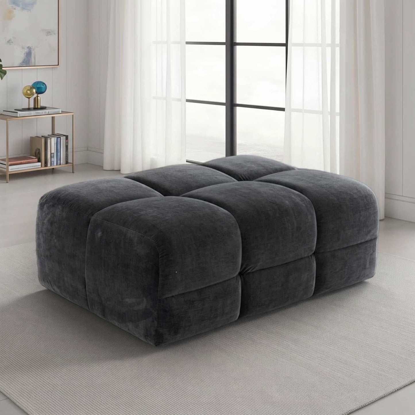 Jenson Large Plush Velvet Footstool Pouffe with Cross Stitch Detail