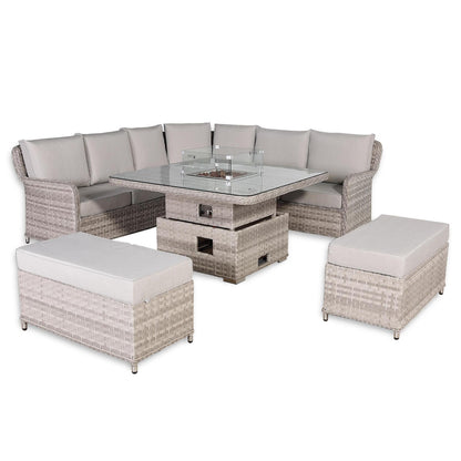 Rattan Garden Corner Sofa Set with Rising Fire Pit Table & Bench