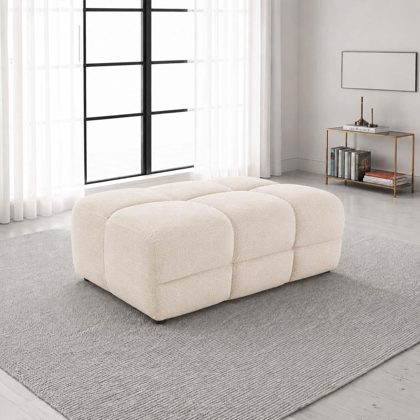 Jenson Large Plush Velvet Footstool Pouffe with Cross Stitch Detail