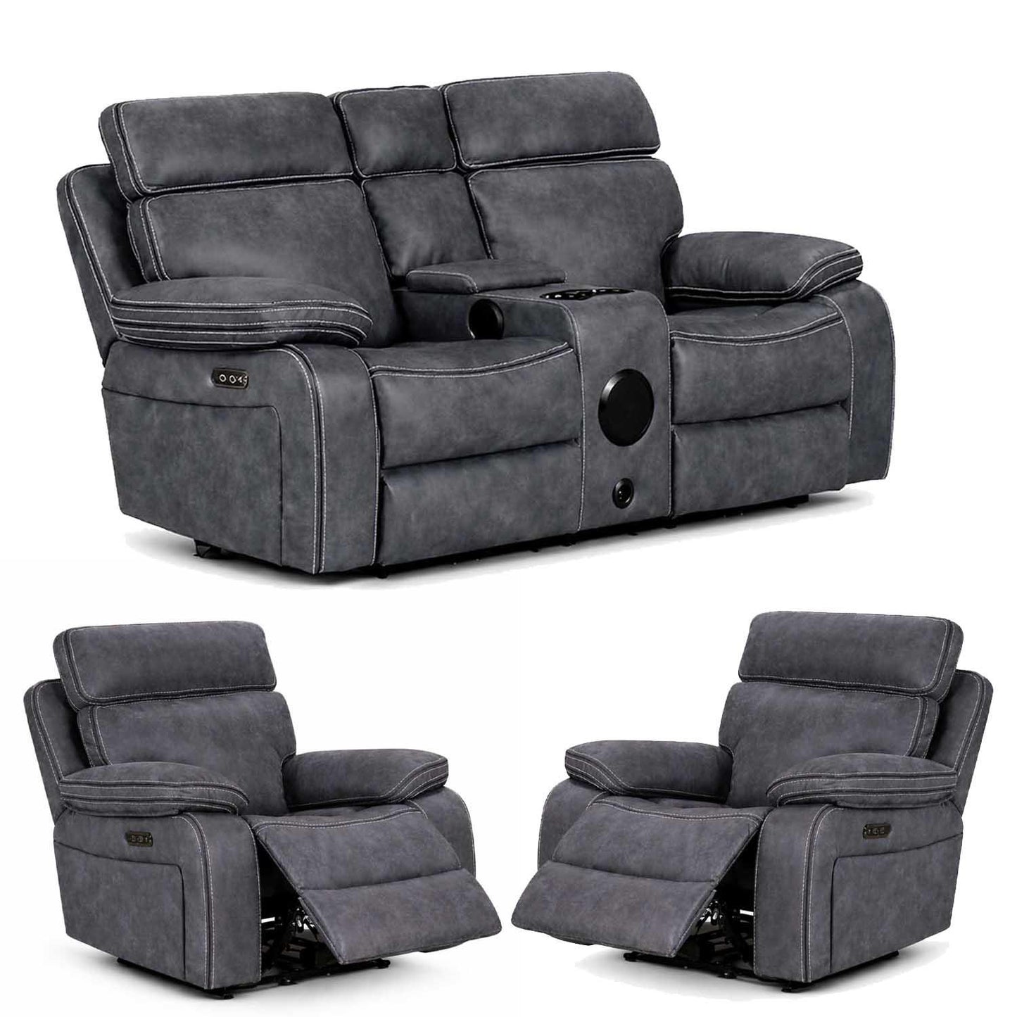 Tokyo LeatherAire Grey 2 + 1 + 1 Electric Recliner Sofas