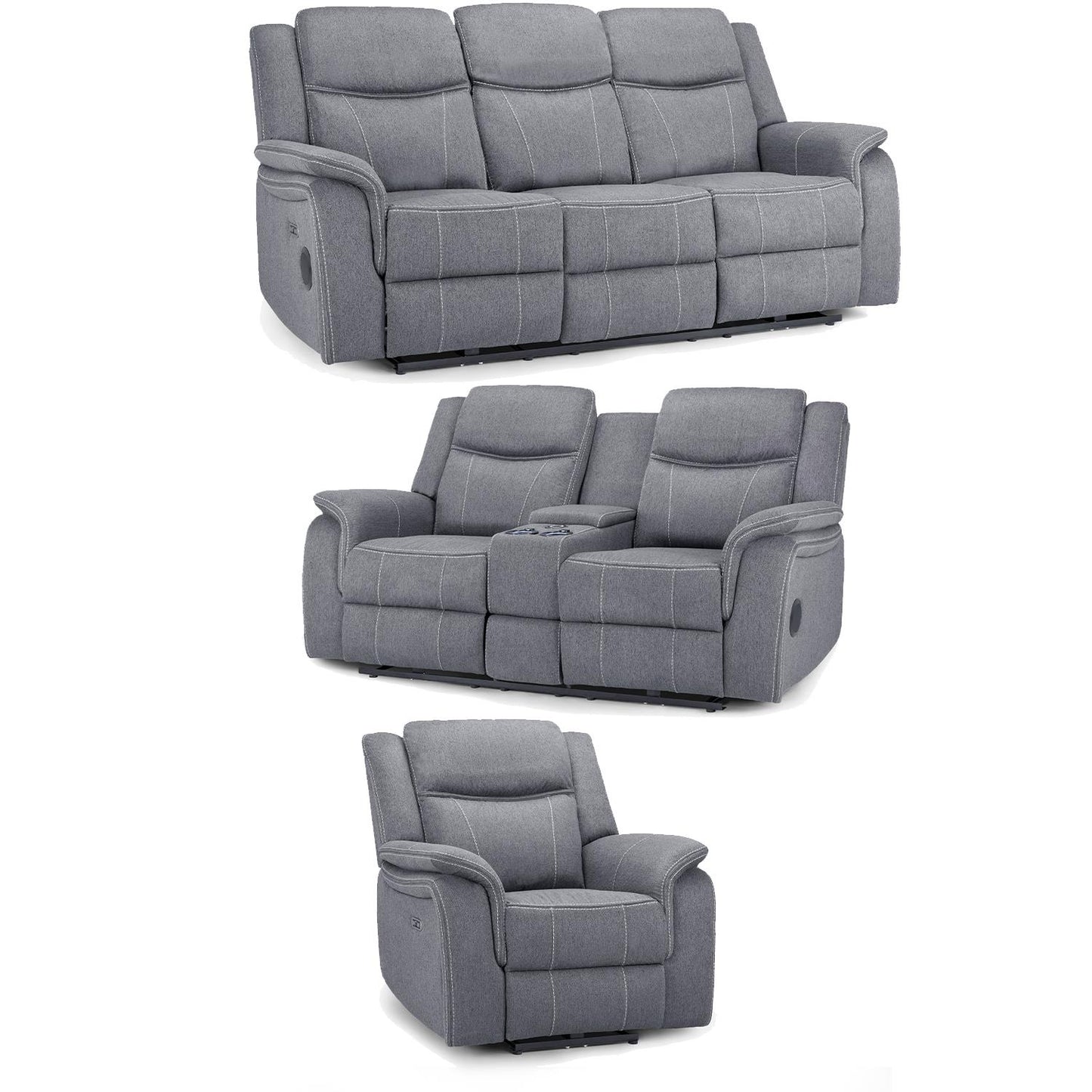 Orlando Grey Fabric 3 Piece Sofa Suite Electric Reclining USB 3 + 2 + 1