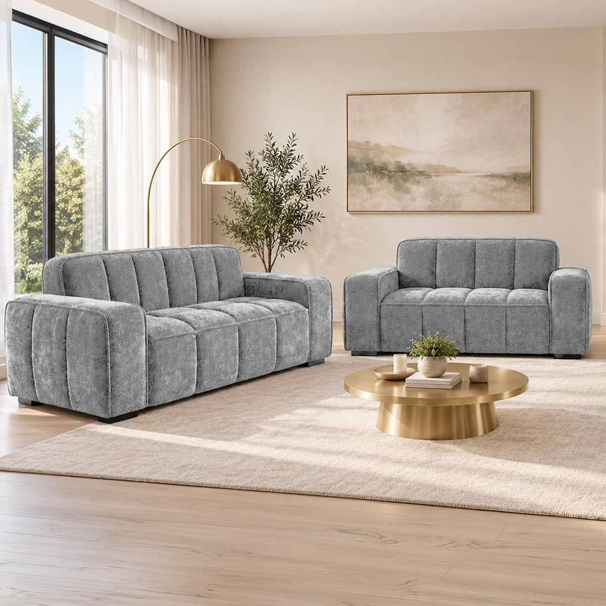 Preston 3 2 1 Sofa Suite Woven Fabric 3 Piece Set Beige Grey Olive