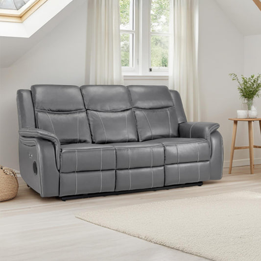 Orlando Leather Black or Grey Electric Reclining 3 Seater Cup Holder